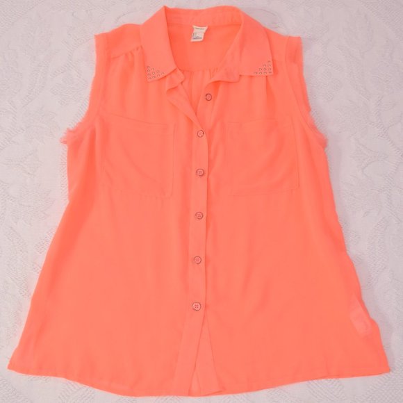 Forever 21 Fluorescent Neon Coral Button Studded Sheer Shirt Tank Top Blouse S - Picture 10 of 10